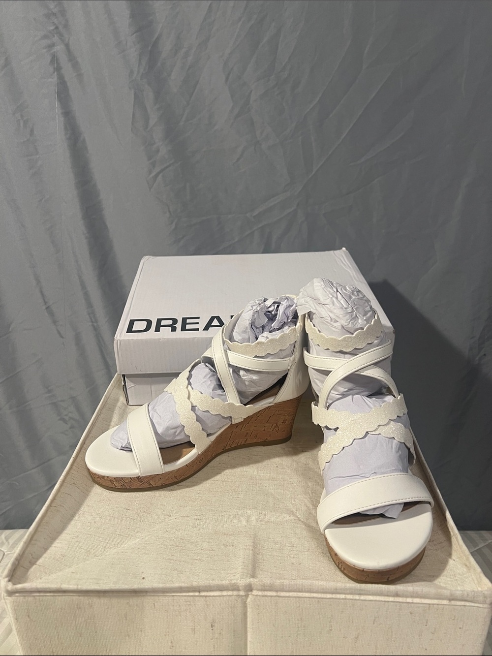 SHEIN White Scallop Strap Cork Wedge Sandals Kids